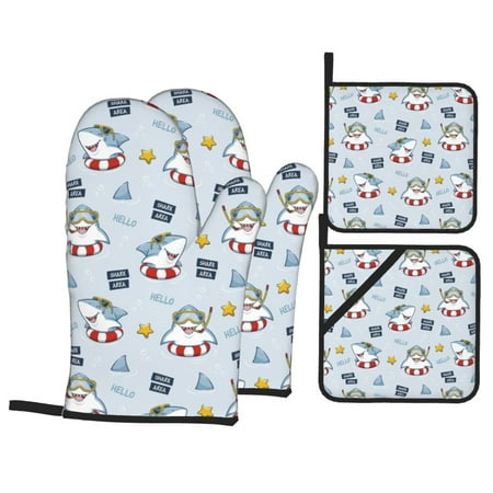 

Oven Mitts and Pot Holders Sets 4 pcs - Swimming shark Heat Resistant Silicone Oven Gloves with Non-Slip Silicone Surface and hot pads for kitchen Baking Cooking BBQ