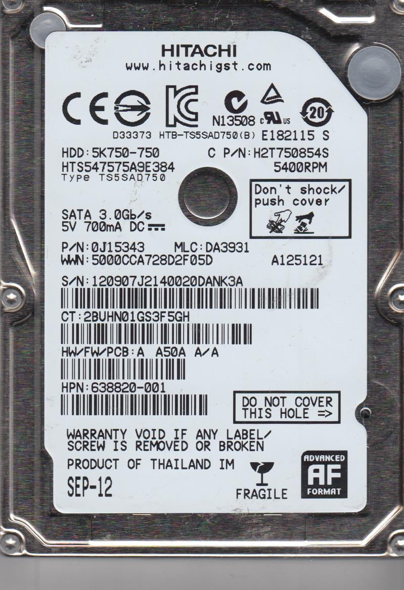 HTS547575A9E384, PN: 0J11563, MLC: DA4124, Hitachi 750Gb 2.5 HDD EUR 99,00 - FR