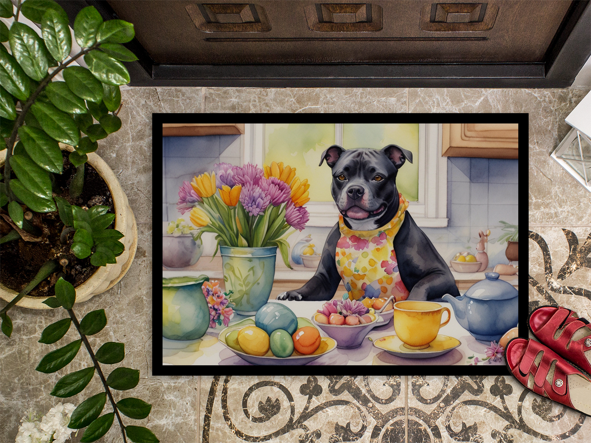 Carolines Treasures DAC6909MAT 18 x 27 in. Decorating Easter Staffordshire Bull Terrier Doormat