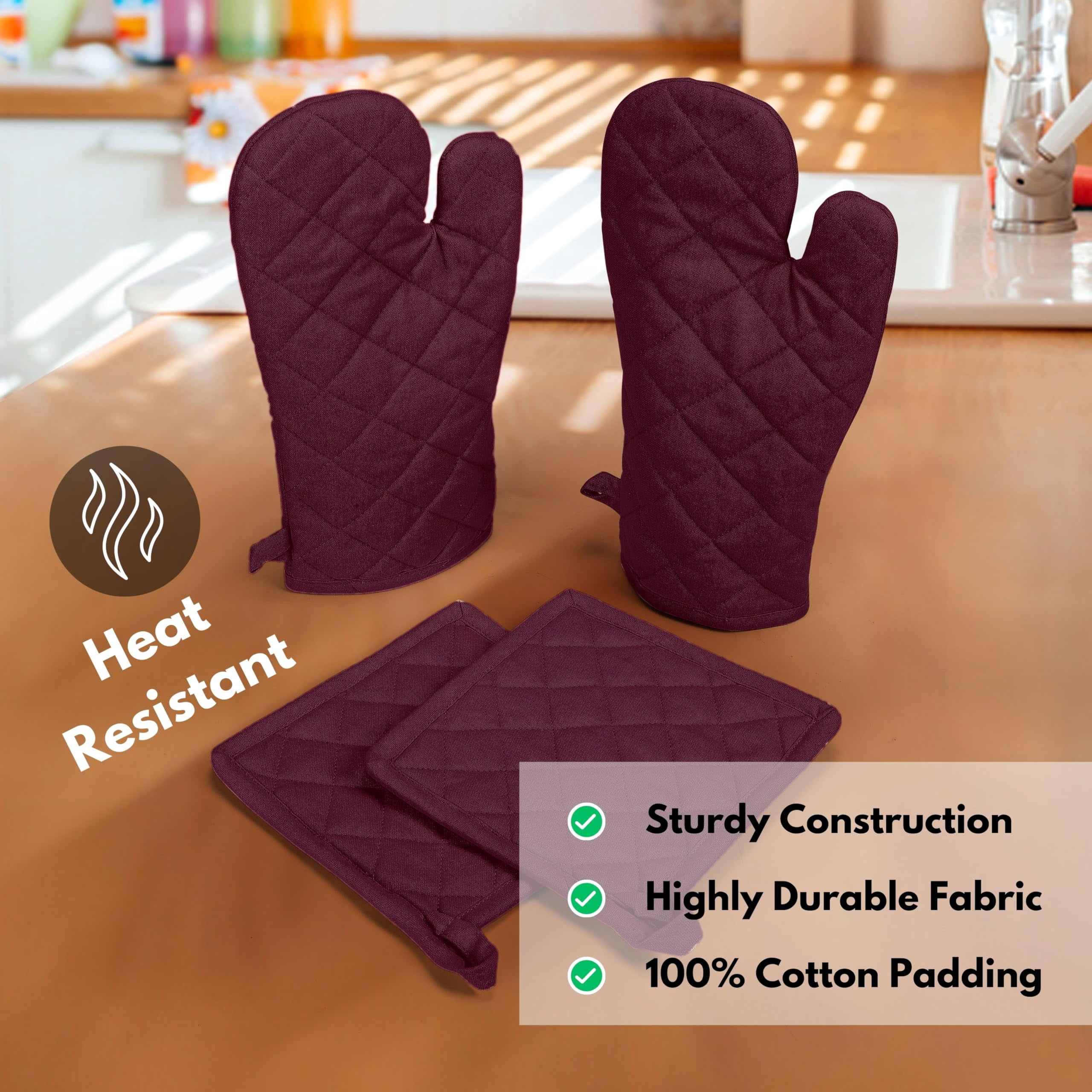 Native Fab Oven Mitts & Potholders Set, Heat Resistant, 100% Cotton, Quilted Design, Non-Slip Grip, Ideal for Baking, Cooking, BBQ, Kitchen Protection - Burgundy Wine