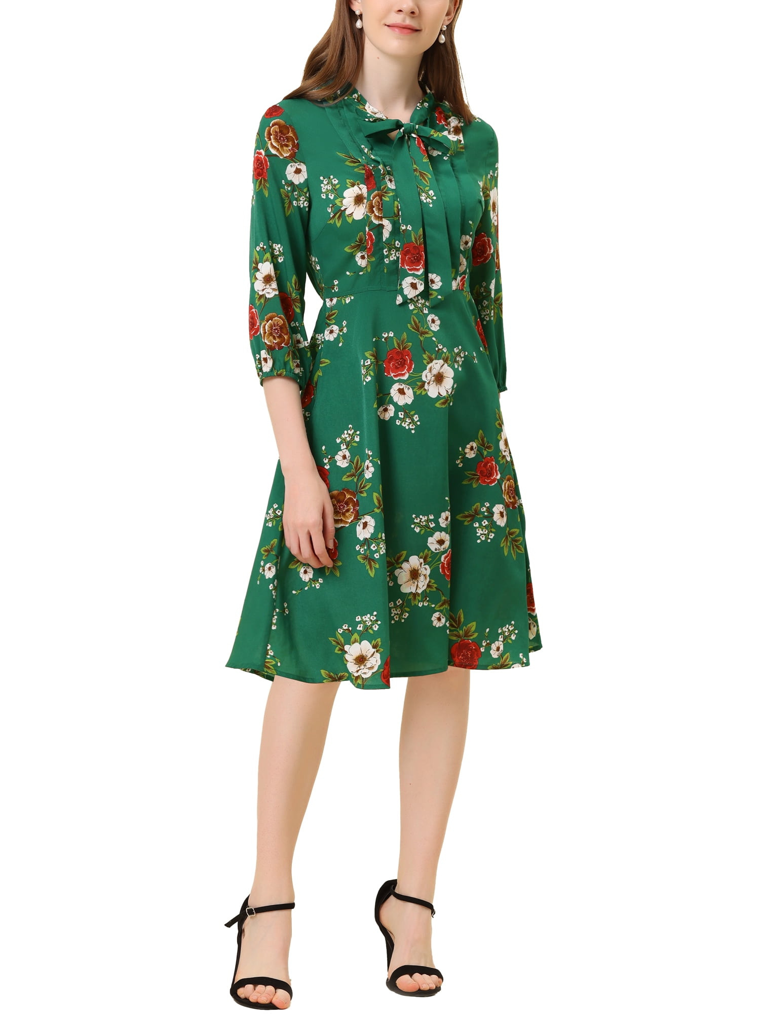 Allegra K Women's Floral Bell Sleeve Tie Neck Mini Dress | 3/4 Sleeves, Ruffle Hem, Elastic Waist | Casual & Date Night