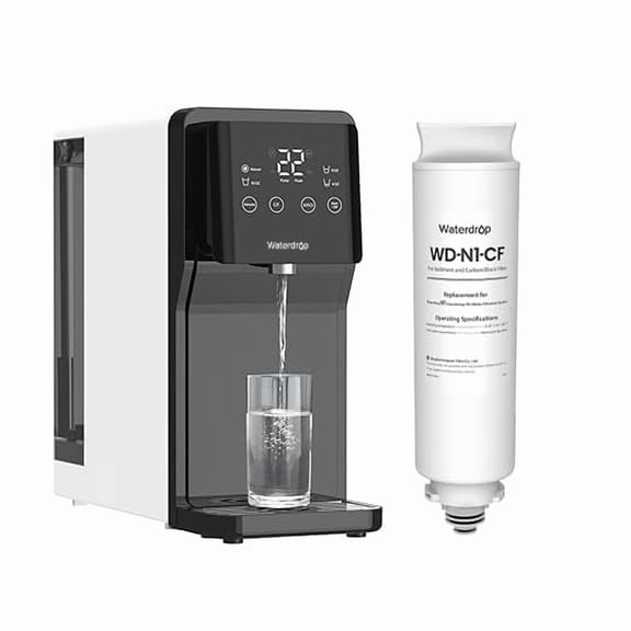 Waterdrop N1 Countertop Reverse Osmosis System, 4 Stage Reverse Osmosis Water Filter Countertop, 3:1 Pure to Drain, Reduce PFAS, No Installation Required, WD-N1-W,with WD-N1-CF