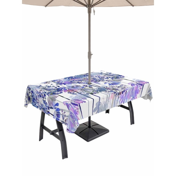 Outdoor Tablecloth with Umbrella Hole for Patio/Picnic/Party/Camping, Purple Onion Flowers Waterproof Table Cloth Rectangle Table Cover Washable, Spring Floral Dandelion Botanical (60"x 102")