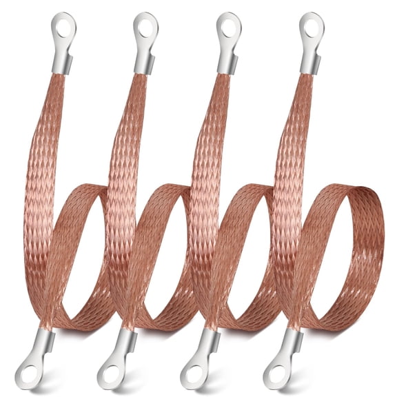 4PCS Universal Automotive Flat Braided Copper Ground Strap, 12" x 1/2" Professional Engine Grounding Cable Straps with Terminal Plugs,Vehicle Ground Strap, Tinned Copper Grounding Strap Wire for Cars