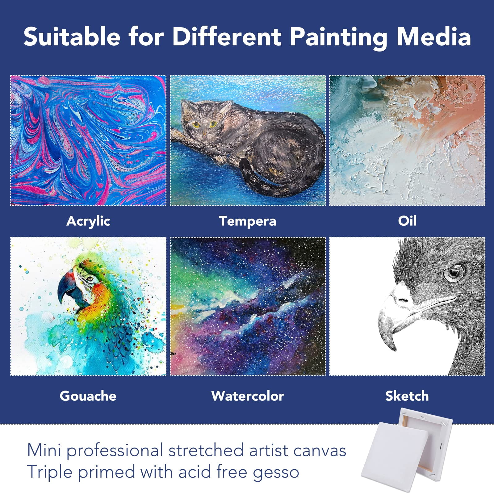 DIYMAG 20 Pack Mini Stretched Canvas with Wooden Easel, 4x4 Inch Art Primed Canvases for Kids Painting with Easel, Acrylic Pouring, Oil Paint & Wet Art Media