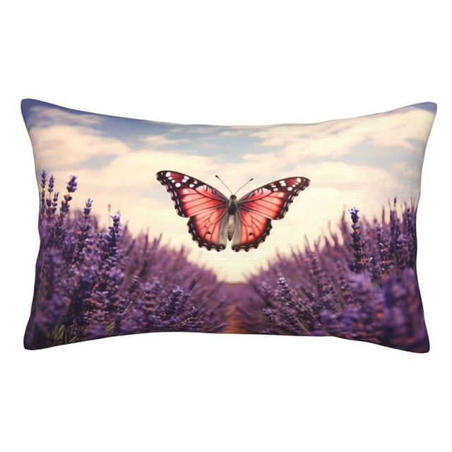 Balery Butterfly Over Lavender Funda de Cojín Estampada, Regalos para Mujeres, Regalos de Amor para Ella, Regalos para Novia o Esposa, Funda de Almohada-14"x20"
