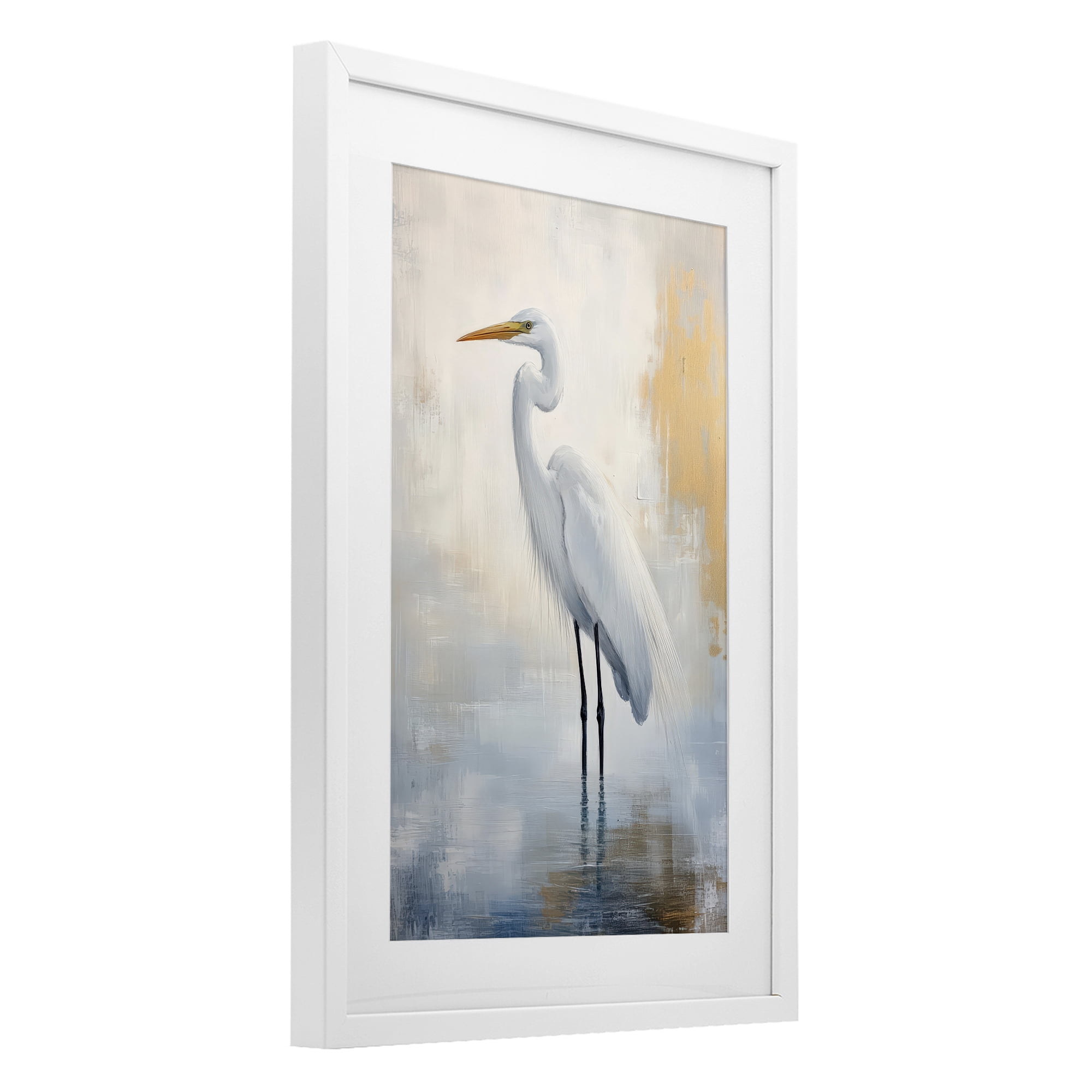Stupell Industries Distressed Egret with Misty Reflection White Framed Print Under Glass, design by Petal Prints Design