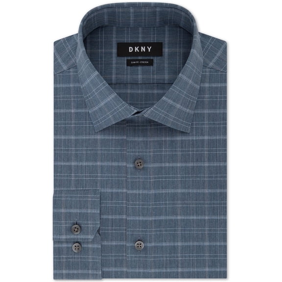 DKNY Mens Checked Button Up Dress Shirt, Blue, 14.5" Neck 32"-33" Sleeve