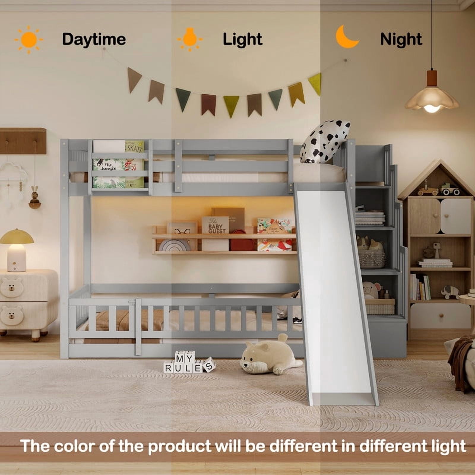 Twin-Over-Twin Bunk Bed with Slide, Storage Staircase & Detachable Rack, Wooden Kids Bed Frame with LED Light & Guardrail
