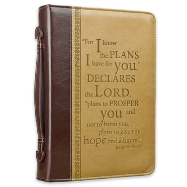 Christian Art Gifts Tan Faux Leather Bible Cover for Men and Women I Know The Plans - Jeremiah 29:11 Zippered Case for Bible or Book with Handle, Extra Large