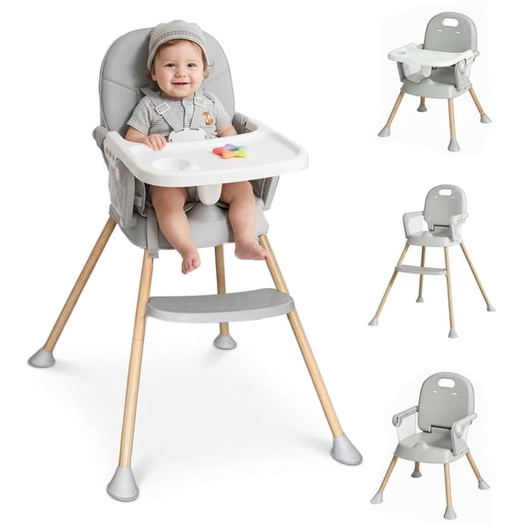 Oioane 4-in-1 Convertible High Chair for Baby and Toddlers, Foldable Highchairs with Dishwasher Safe Tray, Gray