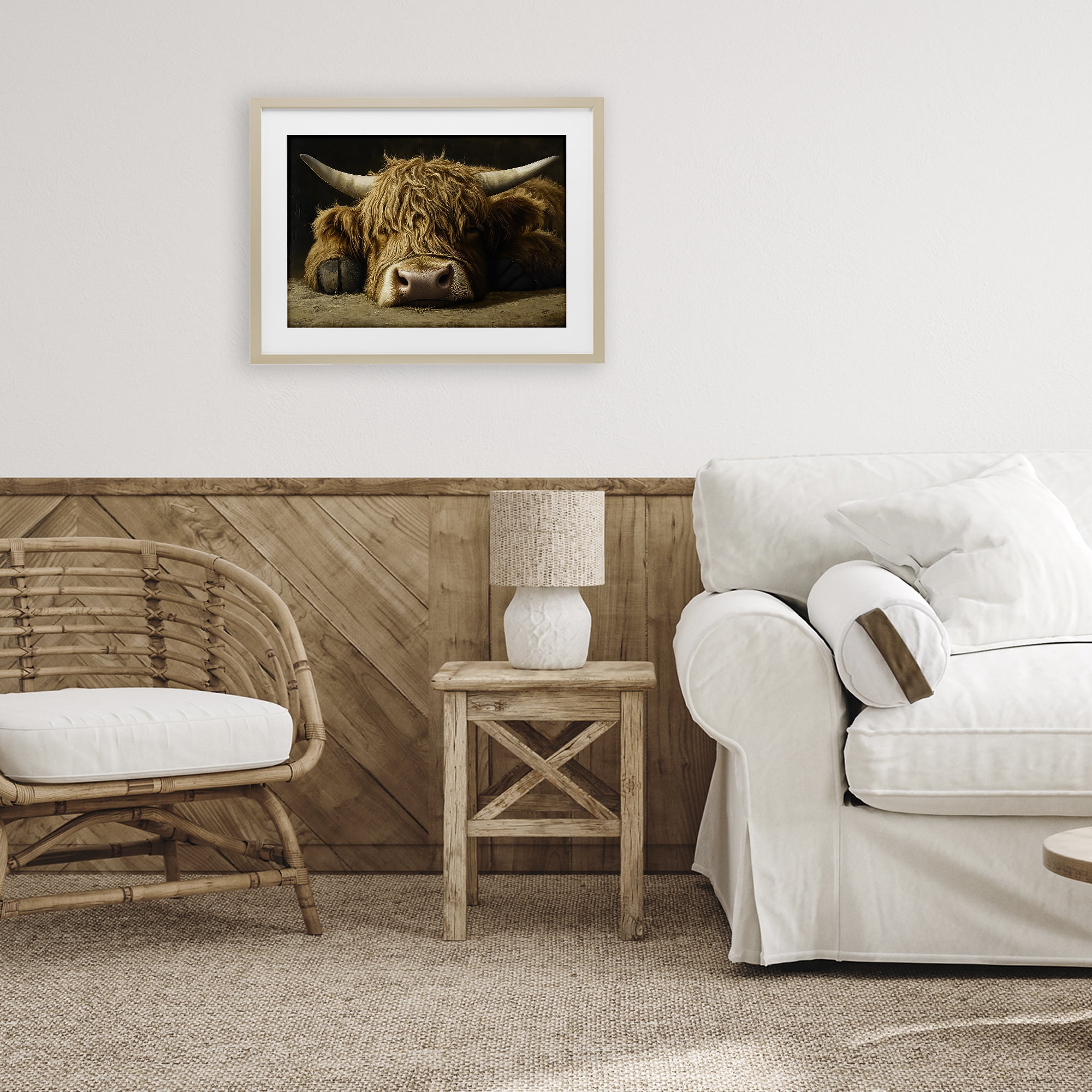 Stupell Industries Sleeping Highland Cow & Hoof Birch Framed Print Under Glass, design by The Wands Want