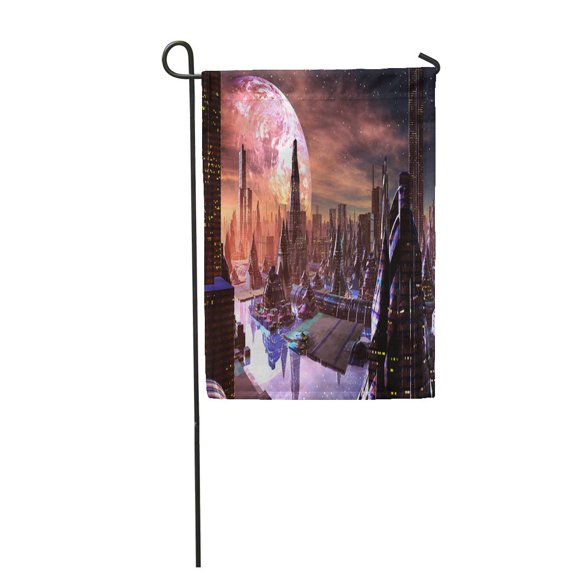 SIDONKU Fiction View of Futuristic City on Alien Planet Science SciFi World Future Fanta Garden Flag Decorative Flag House Banner 28x40 inch