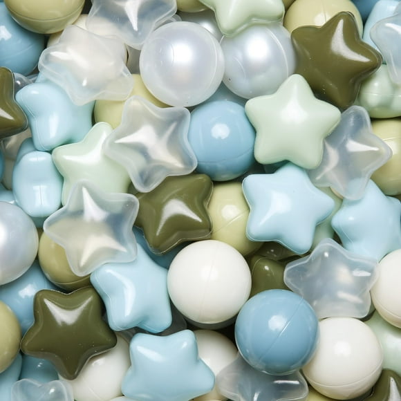 TRENDPLAY Star Ball Pit Balls 200 for Toddlers - Ball Pit Ball Shapes for Boys Girls Fun, Birthday Party, Christmas Decoration, Creamy Blue+Creamy Green+Pearl Balls+Clear