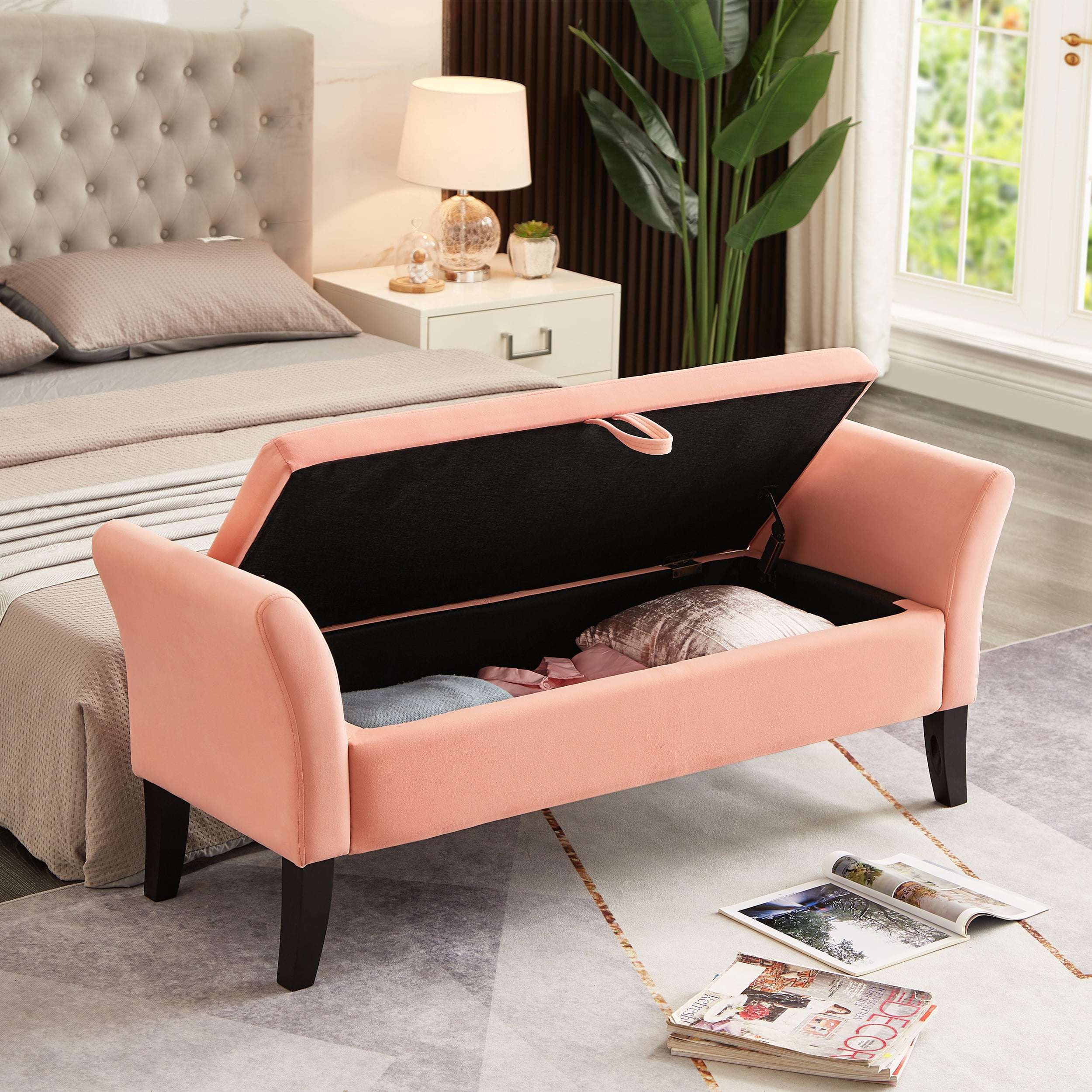 Aukfa End of Bed Bench with Curved Arms, 51.5" Velvet Tufted Upholstered Storage Ottoman Entryway Bench - Pink