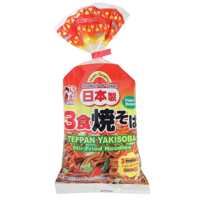 Itsuki Teppan Yakisoba Sauce and Noodle Set in red and yellow packaging with Japanese and English text, containing three servings of plant-based stir-fried yakisoba noodles and fruity Worcestershire sauce, suitable for easy at-home Japanese cooking.