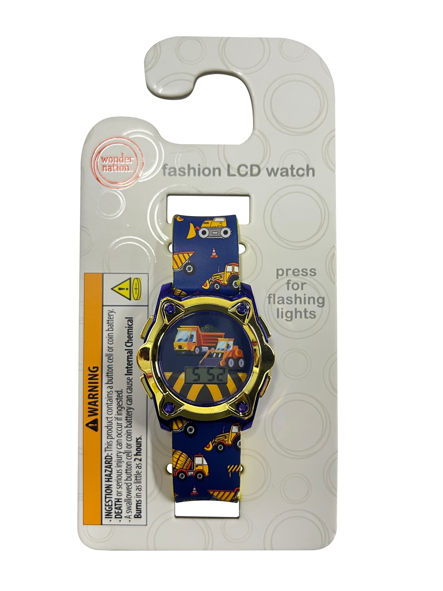 Wonder Nation Boys Rectangular 5-Function LCD Kids Construction Equipment Digital Wristwatch, Multi Color, Silicone Strap