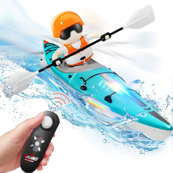 Remote Control Boat for Pool & Lakes, RC Kayak with Lights, 180° Anti-Flip Design and Dual Motor, Water Racing Toy for Kids 8-12 Gifts
