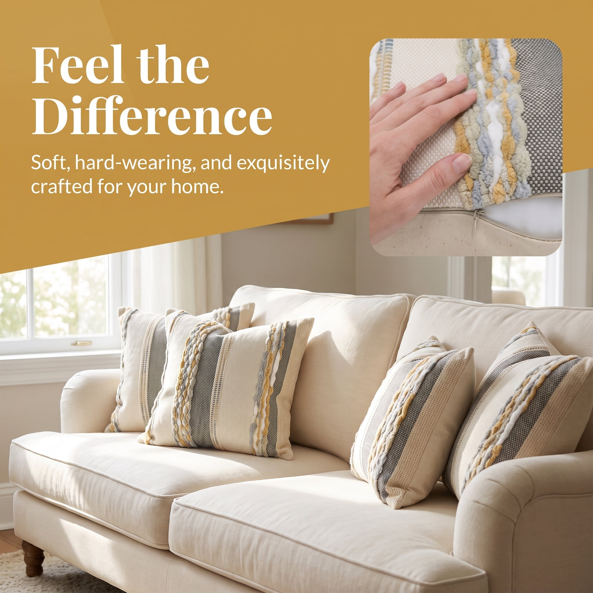 Unique Bargains 3D Chenille Tufted Throw Pillow Cover Grid Stripe Case Grey Yellow 18"x18"