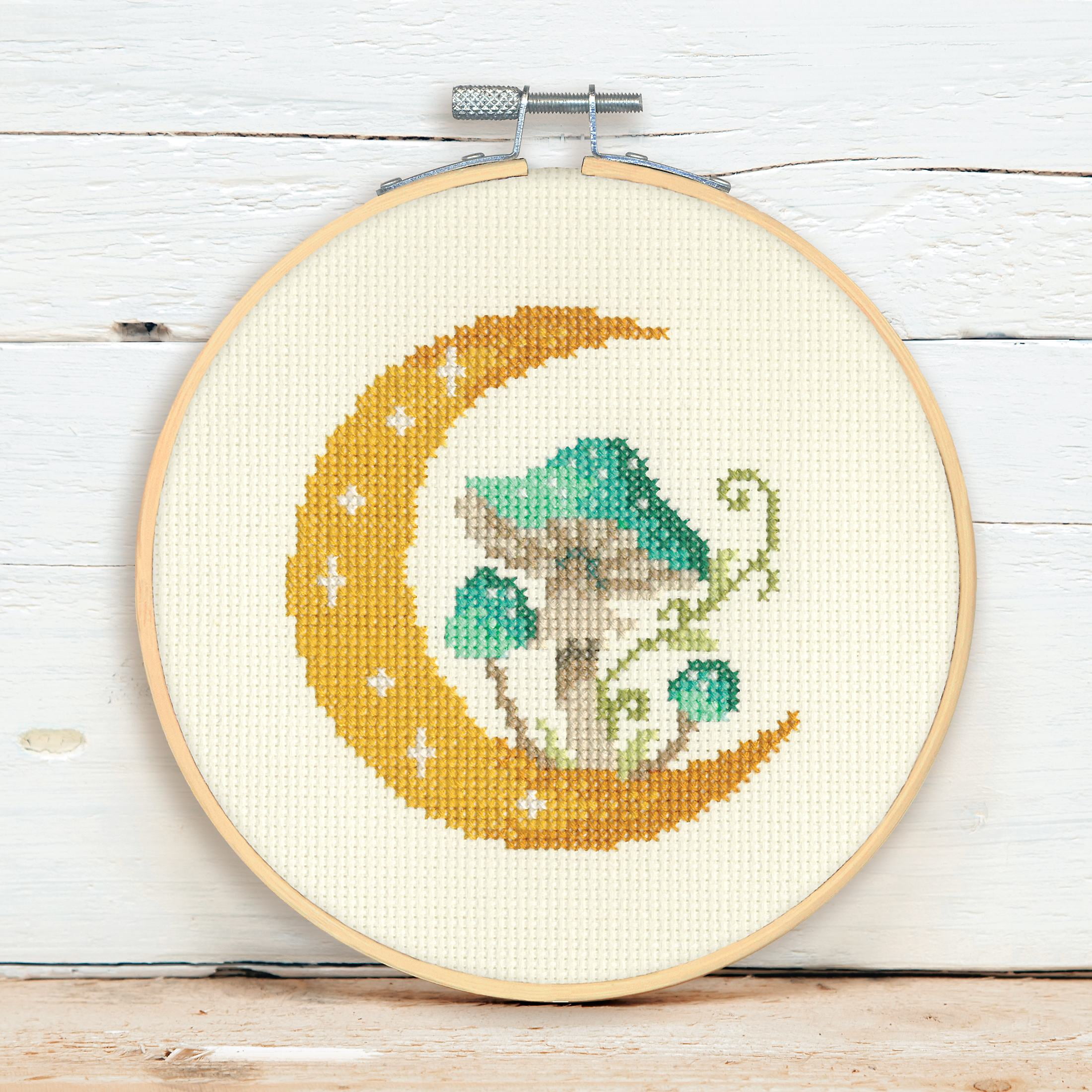 Hillfolk Cross Stitch Moon and Mushroom 6 Inch Cross Stitch