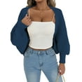 thumbnail image 3 of Women Ribbed Knit Crop Drop Shoulder Long Sleeve Solid Loose Fit Knitted Crop Cardigan Shrug Navy Blue One size, 3 of 9