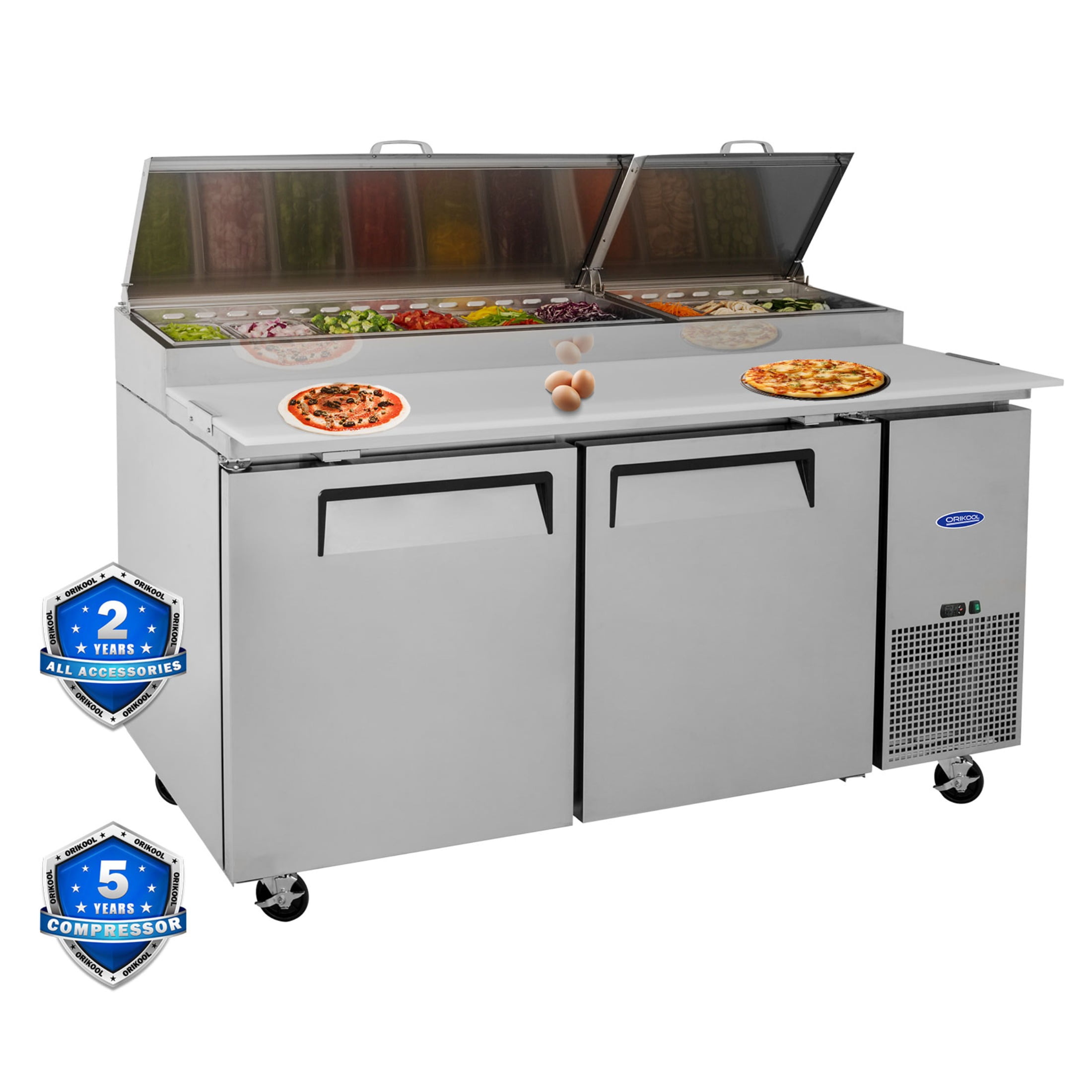 67 IN Commercial Pizza Prep Table with a Built-in Refrigerator 20.3 Cu.Ft, Butcher Block Cutting Board, Protection Lid, Cold Storage, and Smooth-Rolling Casters, ETL Certified （LTL carry)）