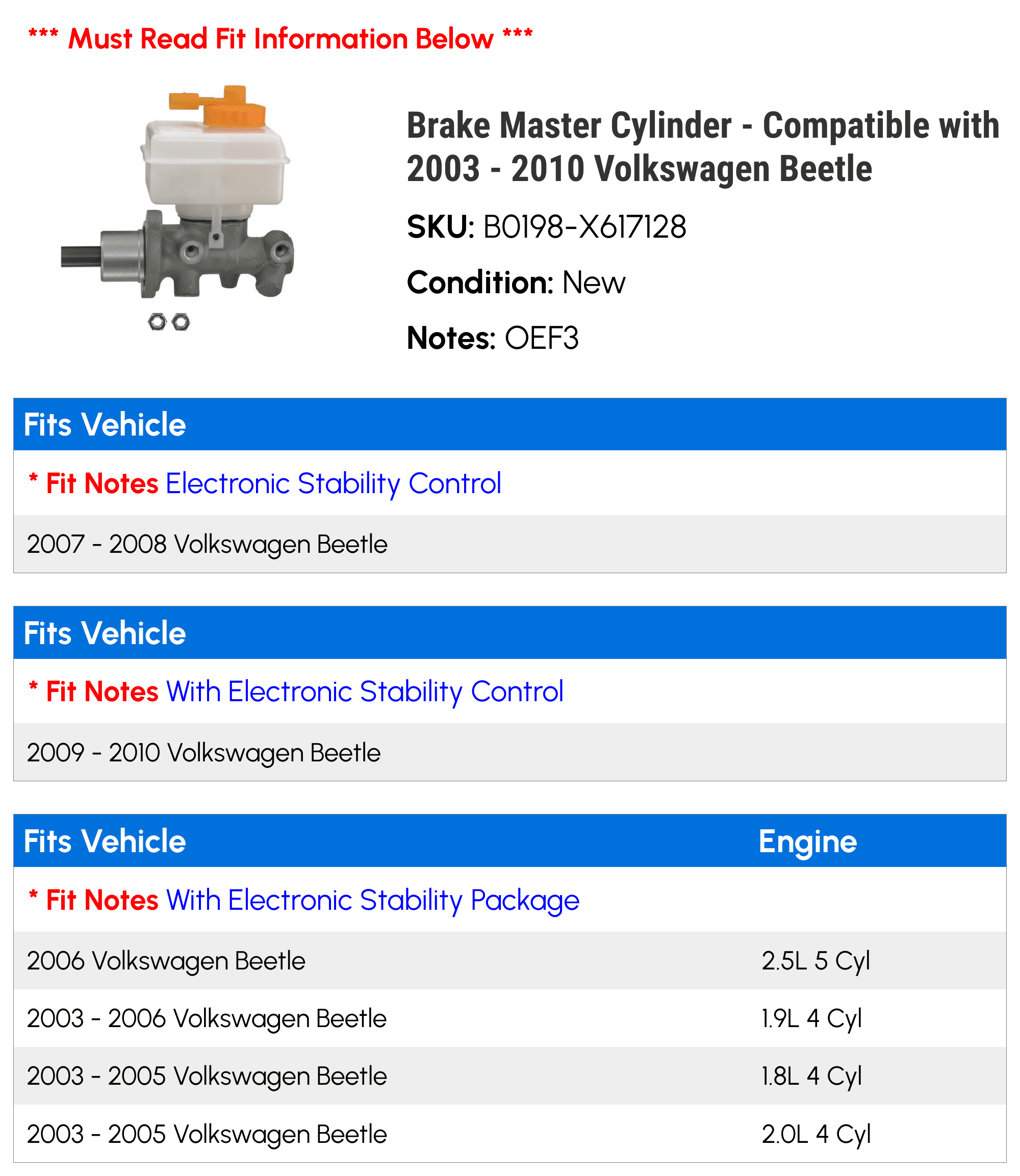 Brake Master Cylinder - Compatible with 2003 - 2010 Volkswagen Beetle 2004 2005 2006 2007 2008 2009