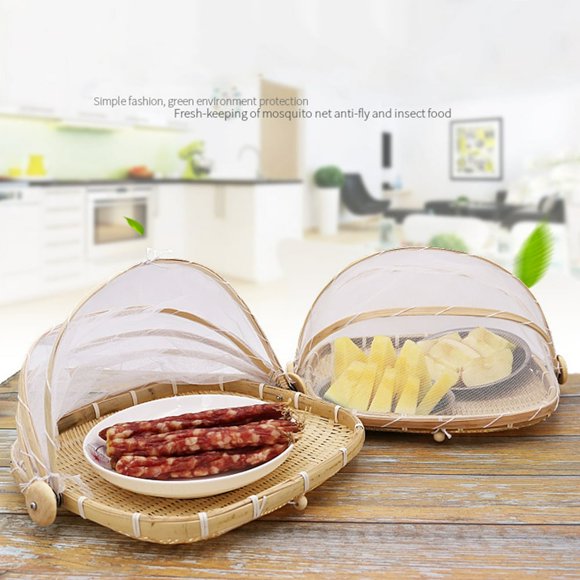Bamboo Woven Picnic Food Serving Mesh Basket Anti-flies Fruit Tray Net Tent Cover