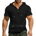 thumbnail image 3 of Men's Summer Short Sleeve Hooded Sweatshirt with Zipper Pocket, Oversized Casual Pullover for Sports, Warm Weather,Black,L, 3 of 6