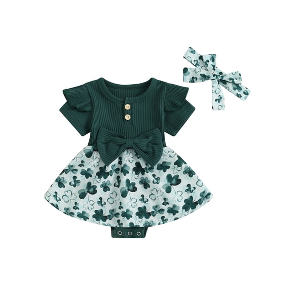 Bslissey Baby Girls Ireland Day Romper Dress 3M 6M 9M 12M 18M Shamrock Print Hem Patchwork Short Sleeve Jumpsuit with Bow Headband Newborn Infant Cute A-line Dress