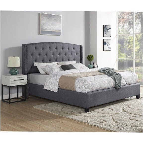 JERFIT Queen Size 3-Piece Upholstered Bedroom Set with Wingback Headboard, Grey Fabric Platform Bed and 2 White Nightstands for Modern Home