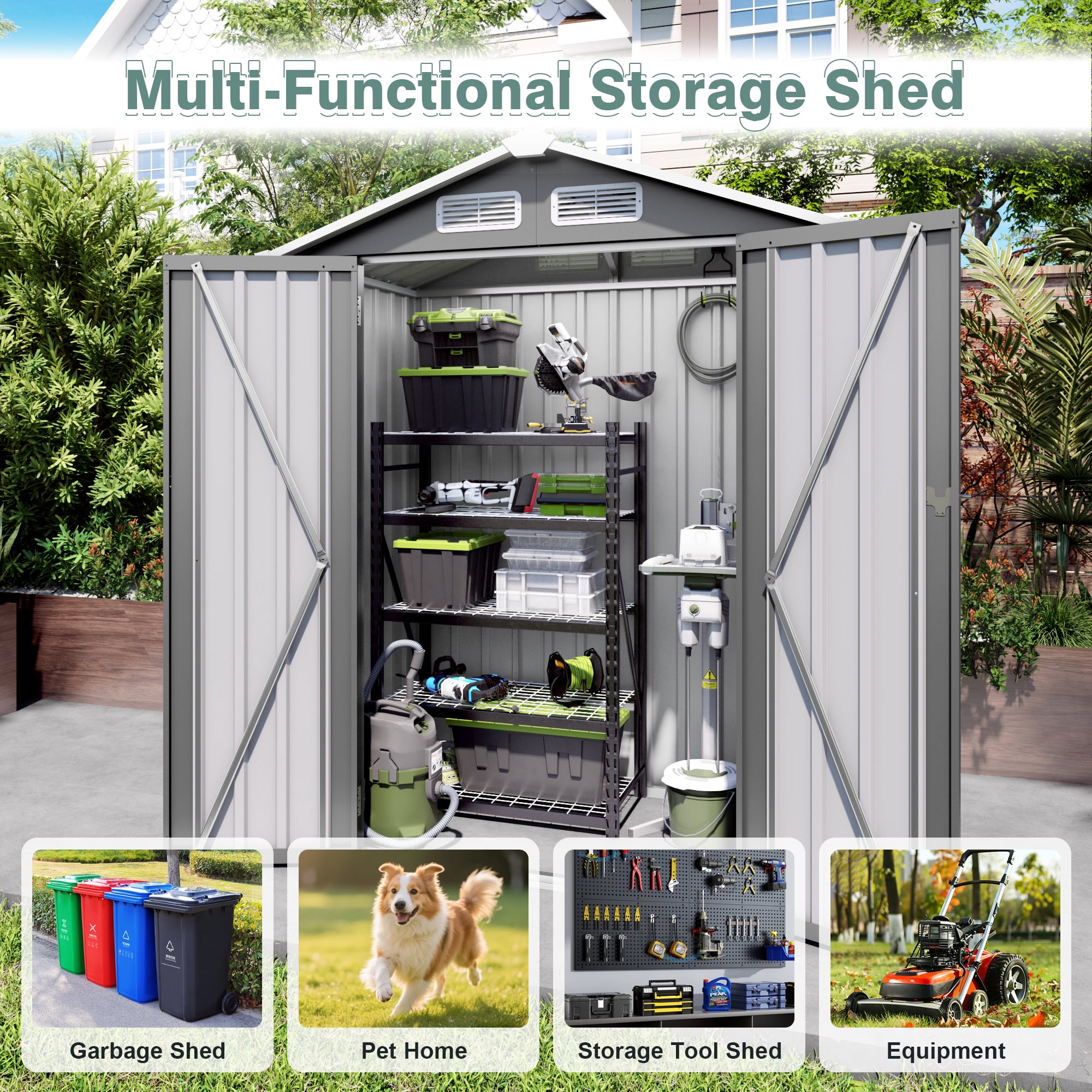 Vigo huseeo 5x3x6FT Metal Sheds & Outdoor Storage, Tool Shed for Patio Backyard Garden (Gray)