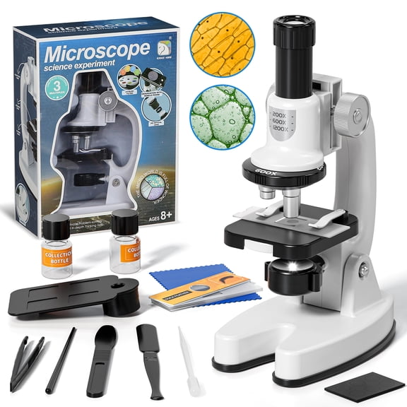 Microscope for Kids, Science Kits for Kids Beginner, Compound Biological Educational Microscope with LED 200X, 600X, 1200X, Smartphone Adapter, Slides Set, Educational Toys for Kids 3-8 Years