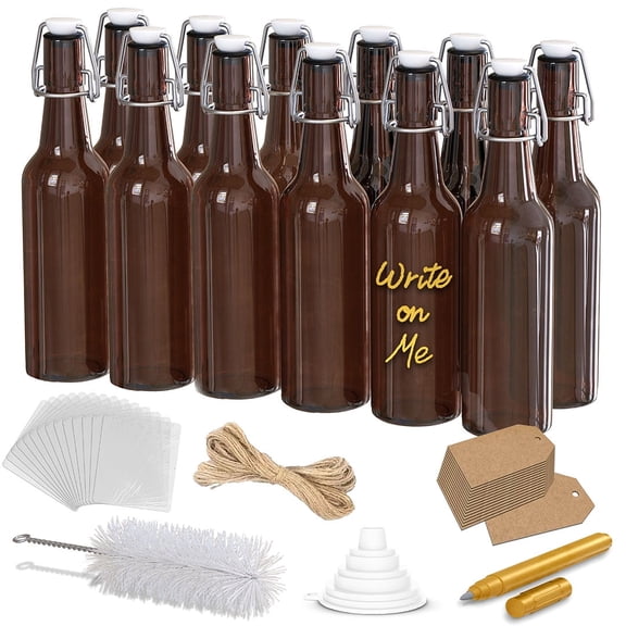 Nevlers 16 oz Amber Swing Top Glass Beer Bottles (Pack of 12) | Includes Funnel, Brush, Shrink Wrap, Paper Tags and Marker