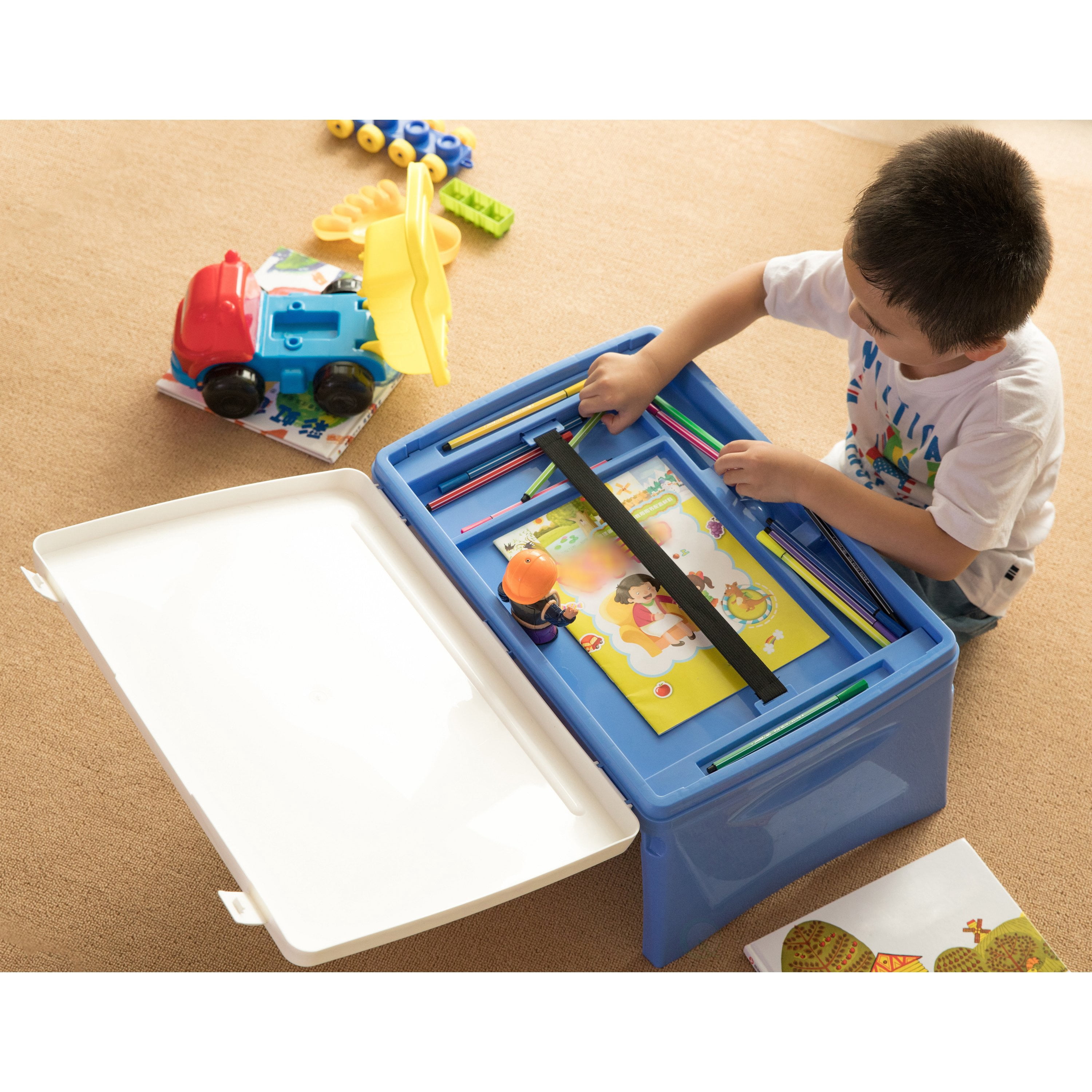 Kids Portable Fold-able Plastic Lap Tray, Blue and White