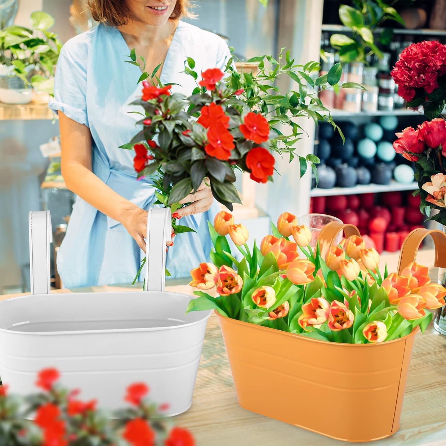 Hanging Flower Pot 3 Pcs Balcony Hanging Planters Metal Iron Railing Planter Box Flower Plant Holder,Round Hanging Bucket Pots with Detachable Hooks for Garden Balcony Fence Wall, 2 Size