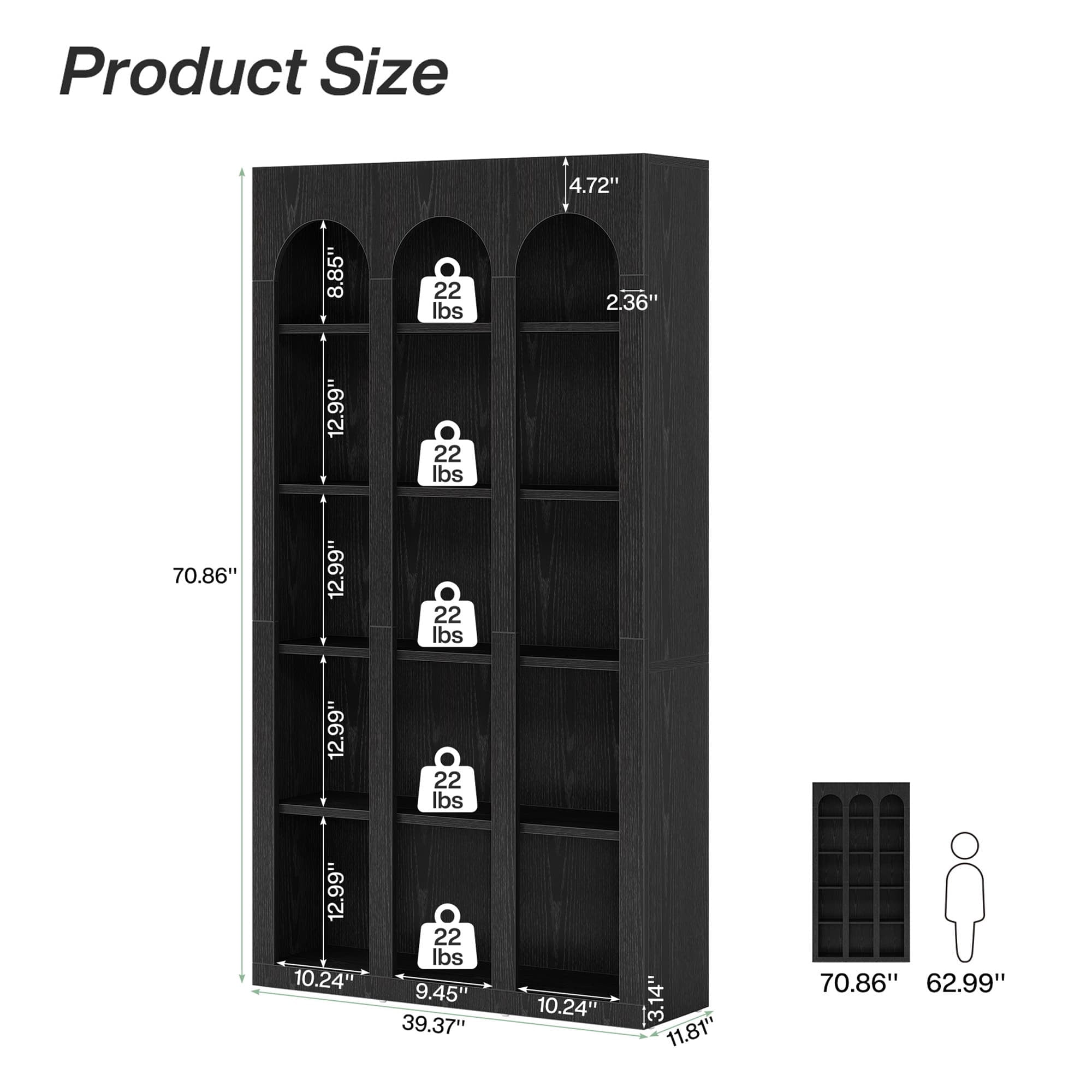 MAYEERTY Vintage Farmhouse Arched 5-Tier Tall Bookcase, 70.8 Inch Wide Curved Top Open Display Storage Shelf