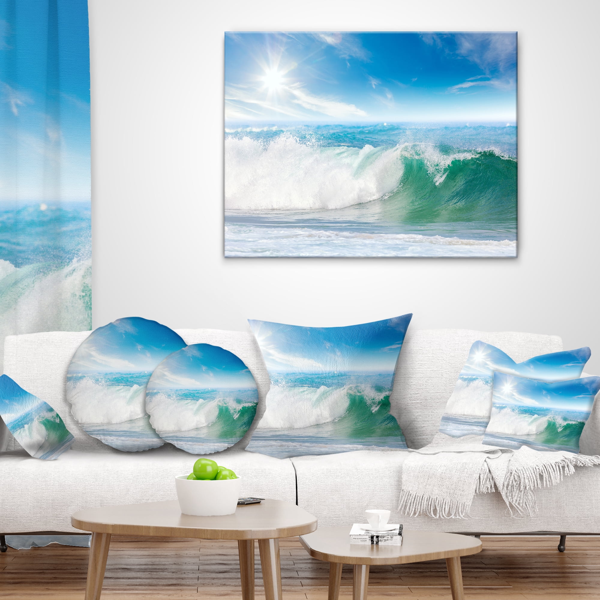 Designart White and Blue Waves under Sun - Seascape Throw Pillow - 12x20