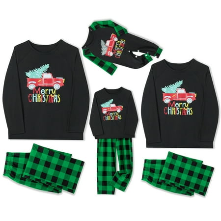 

wybzd Family Matching Christmas Pajamas Sets Car Carrying Xmas Tree Print Tops Plaid Pants Sleepwear Mommy-S