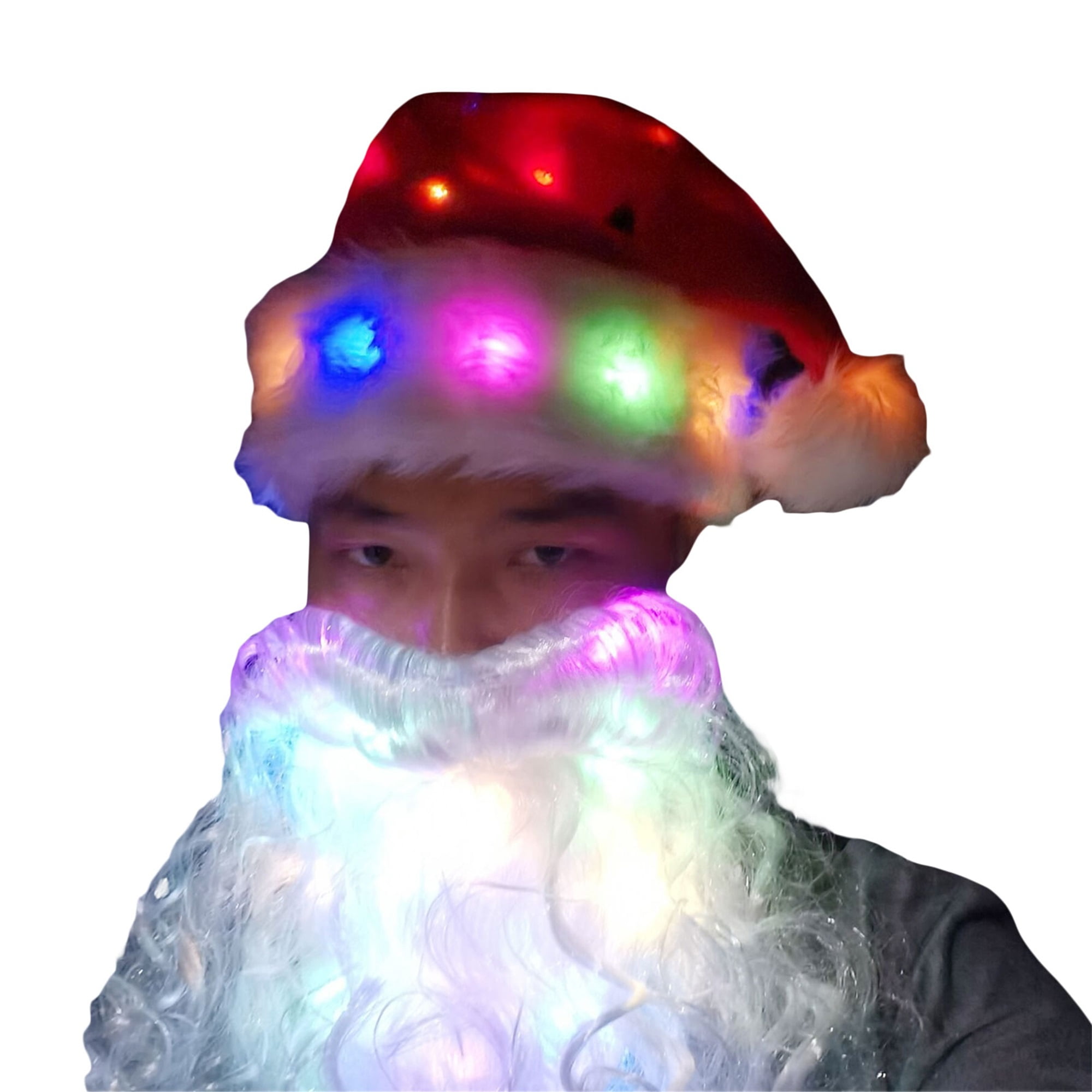 Colorful Glittering Christmas Hat, LED Glowing Beard for Adults, Classic Santa Hat Beard Set for 