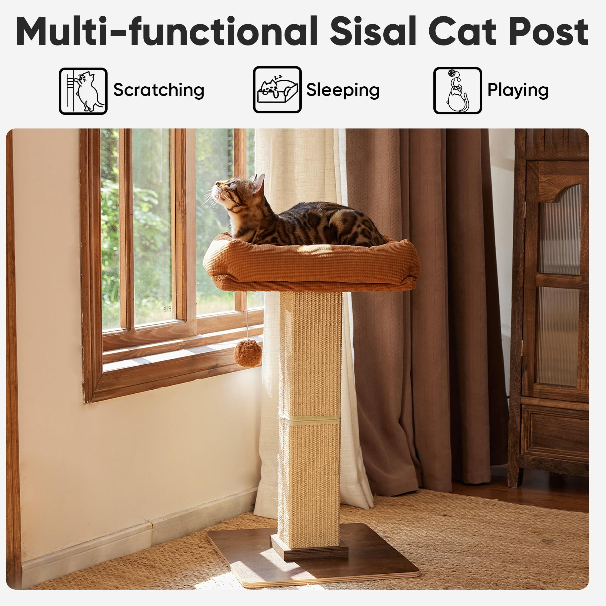 Brown Tall Cat Scratch Post Perch Tower, Sisal & Solid Wood, for Adult Cats