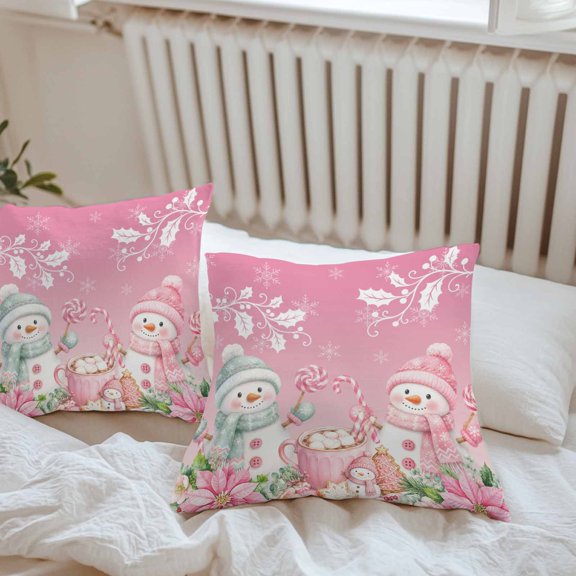 Waterproof Throw Pillow Covers 16x16 Set of 2, Christmas Cute Snowmen Outdoor Pillowcases with Invisible Zipper, Winter Pink Poinsettias Decorative Cushion Covers for Patio Garden Sofa Couch Balcony