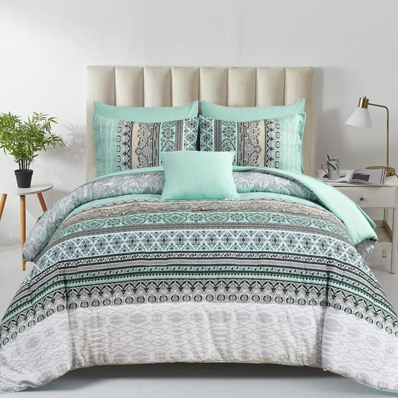 Boho Queen Comforter Set 8 Pieces, Yellow Bohemian Striped Bed in a Bag, Paisley Soft Microfiber Bedding Comforter Set