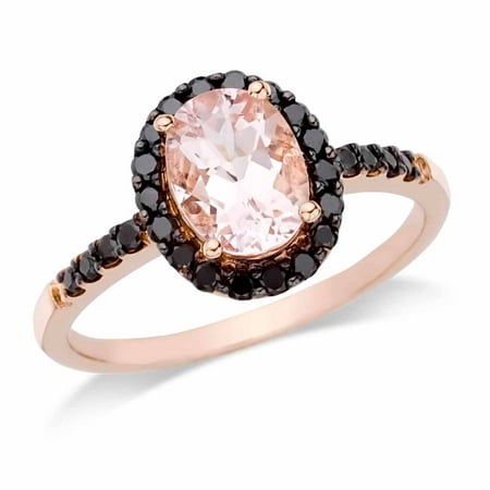 1-1/7 Carat T.G.W. Oval-Cut Morganite and 1/4 Carat T.W. Black Diamond 14kt Pink Gold Halo Ring