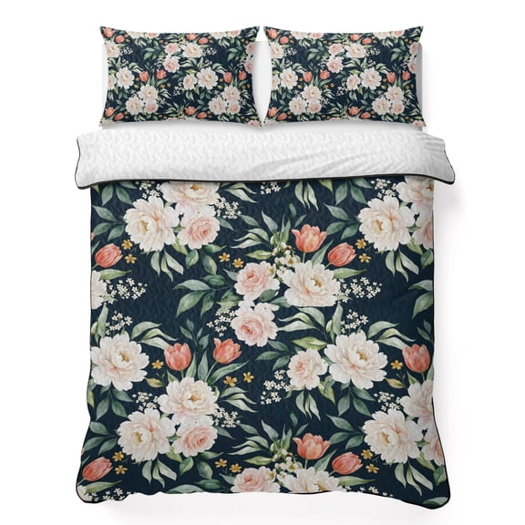 Quilts King Size Bedding Set, Pink Floral Lightweight Quilted Comforter, Peonies Flowers Country Leaves Plants Navy Soft Reversible Bedspread Coverlet with Pillow Covers for All Season, 96" x 106"