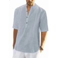 thumbnail image 1 of Camisas de lino para hombre, de manga corta, informales, de algodón, con botones, estilo henley, para playa, de verano, corte regular, 1 of 5
