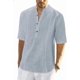 thumbnail image 1 of Camisas de lino para hombre, de manga corta, informales, de algodón, con botones, estilo henley, para playa, de verano, corte regular, 1 of 5