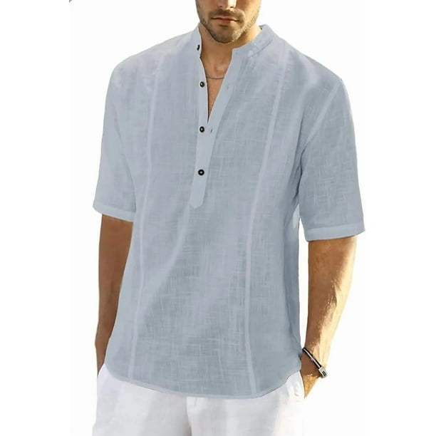 Camisas de lino para hombre, de manga corta, informales, de algodón, con botones, estilo henley, para playa, de verano, corte regular