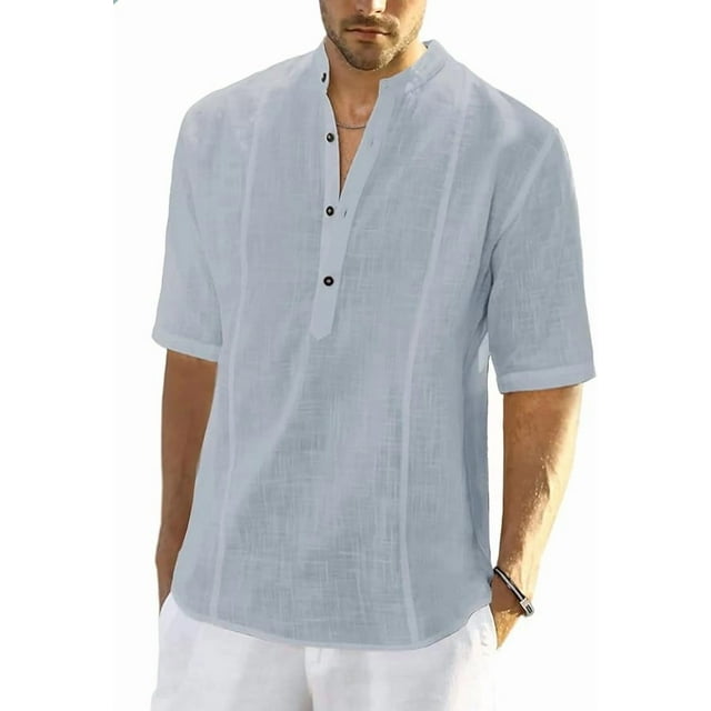 Camisas de lino para hombre, de manga corta, informales, de algodón, con botones, estilo henley, para playa, de verano, corte regular