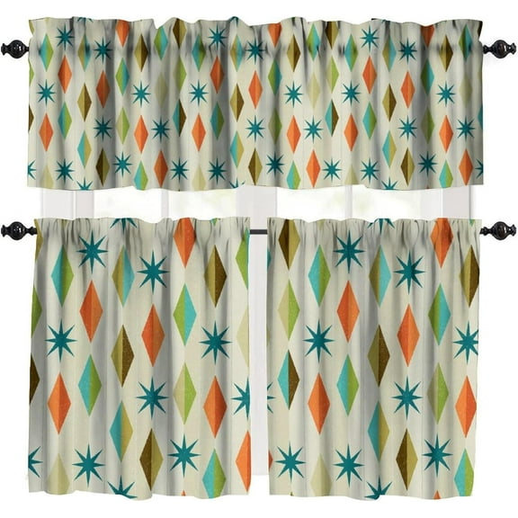 Mid Century Vintage Valances Set for Kitchen, Teal Green Yellow Orange Geometric Modern Retro Home Decor Rod Pocket Window Drapes for Living Room Dining Room Office 52x18 Inch 27x36 Inch X 2